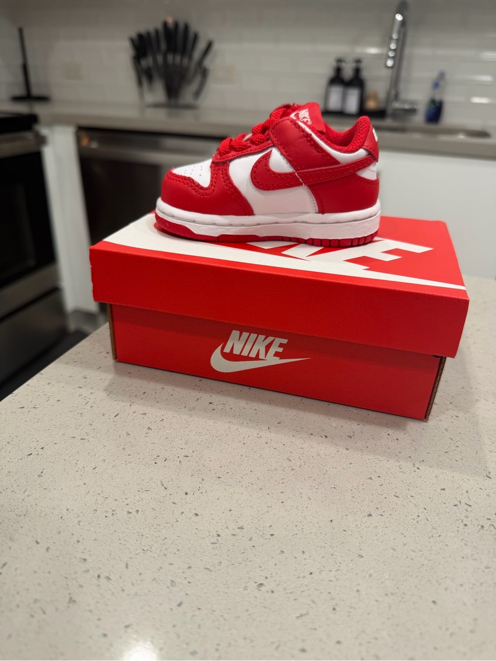 Nike Kids Red and White Low-Top Sneaker with Hook-and-Loop Strap